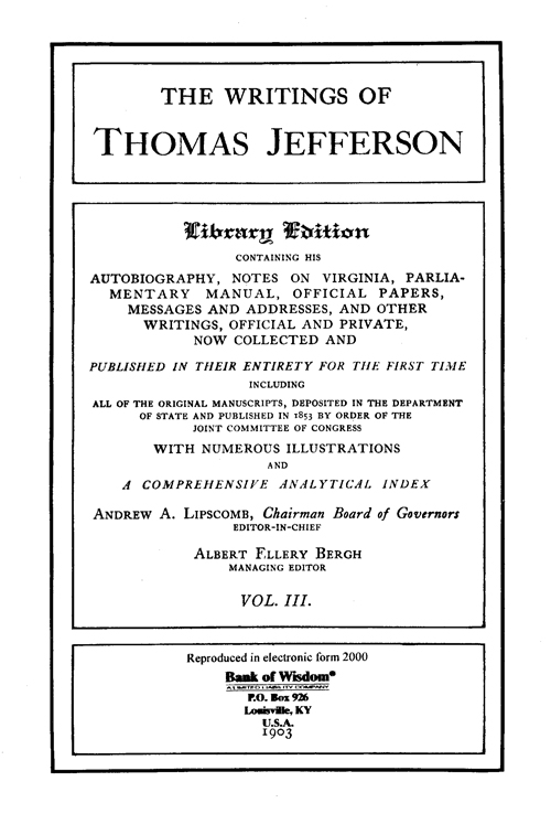 (image for) The Writings of Thomas Jefferson - Vol. 3 of 20 Vols. - Click Image to Close